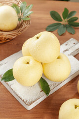 Fresh Hebei Crown Pears on Rustic Wooden Board - Golden Asian Fruit Display