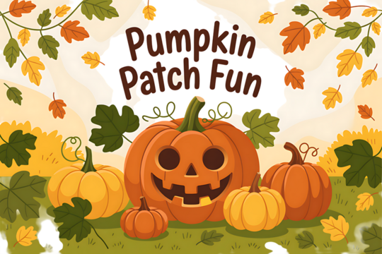 A group of cartoon pumpkins with a carved jack-o-lantern face and autumn leaves isolated on a transparent background