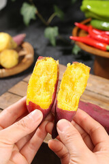 Fresh Baked Sweet Potato Halves with Golden Yellow Flesh in Hands - Healthy Natural Food