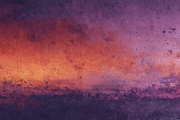 Textured grunge abstract background with dramatic sunset gradient from warm orange glow to deep purple indigo
