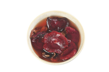 Red Dates and Dried Mushrooms Soup Bowl - Traditional Chinese Medicine Ingredients on White Background