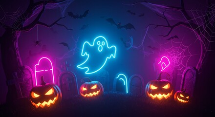 Neon halloween scene with pumpkins ghost tombstones and spooky atmosphere