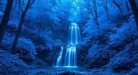 Serene waterfall flowing through a dense blue forest landscape nature scene