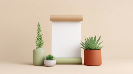 Minimalist display of plants and a blank notepad on a neutral background.