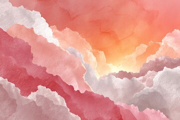 Abstract watercolor background with layered coral pink and white clouds and a soft ethereal central light glow