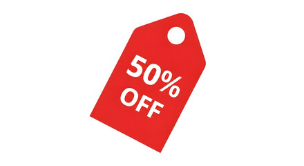 Red tag with 50 percent off isolated on white background, discount promotion