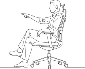 Businessman sitting on ergonomic office chair, pointing forward, corporate posture, modern workplace furniture illustration, professional seating concept image for design