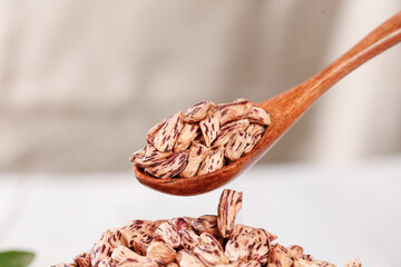 Colorful Pinto Beans in Wooden Spoon - Homegrown Legumes with Natural Speckled Patterns for Healthy...