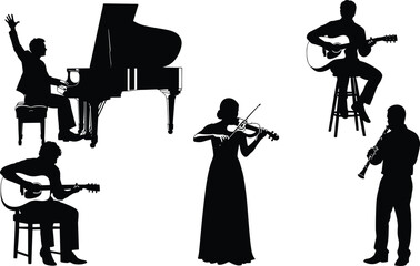 Silhouette musicians performing instruments, classical violin player, pianist at grand piano, acoustic guitarists seated, clarinet soloist ensemble illustration, music performance © Joyaber's World
