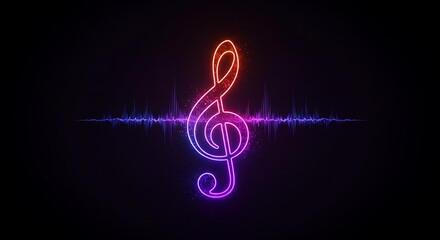 Neon treble clef with sound wave on black background for music concept