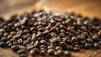 Fresh coffee beans on wood with steam, evoking warmth and rich aroma.