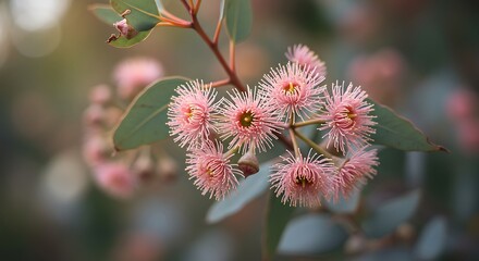 Close up of eucalyptus flowers in bloom natural light and soft colors