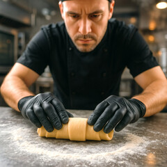 Professional Baker Rolling Croissant Dough, High-Resolution Culinary Art, Food Preparation, Baking Process, Studio Shot