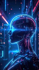 Abstract Silhouette Profile with Glowing Particles on Circuit Board Background Cyberpunk Futuristic Tech Design in Blue Red Violet Tone Long Shot