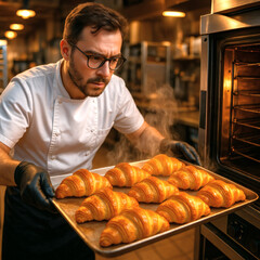 Professional Baker Removing Golden Fresh Croissants from Oven | High-Resolution Baking & Pastry