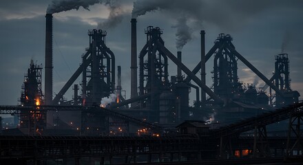 Fototapeta premium Industrial complex silhouette against a dark sky with visible smoke pollution