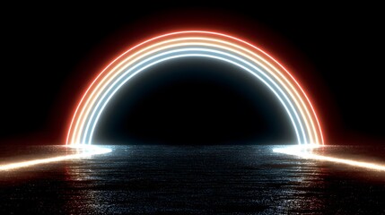 Abstract glowing neon rainbow arch over reflective water surface at night