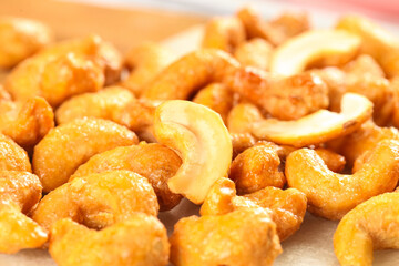 Fried Crispy Cashews Golden Amber Nuts Healthy Snack Food Ingredient