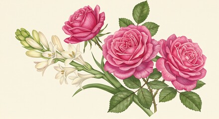 Elegant bouquet of pink roses and white flowers on a cream background