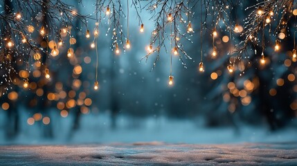 Magical winter forest background with cool blue tone, hanging fairy lights, warm golden bokeh, and frosted branches