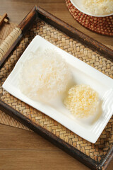 Traditional White Silver Glutinous Rice Balls Asian Dessert Bamboo Tray Food Photography