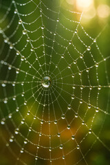 Obraz premium AI Generated image of a delicate spider web covered in dew drops, glistening in the morning light.