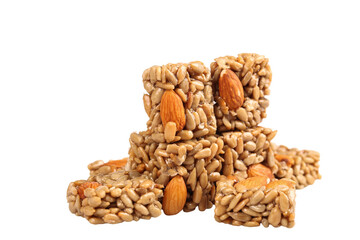 Handmade Crisp Melon Seed Almond Energy Bars on White Background - Healthy Natural Snack Food