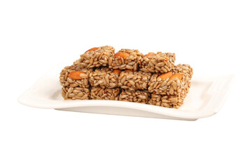 Handmade Granola Bars with Seeds and Dried Fruit on White Plate Clean Background