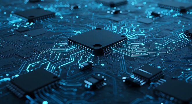 Electronic circuit board close up high tech computing and digital connectivity
