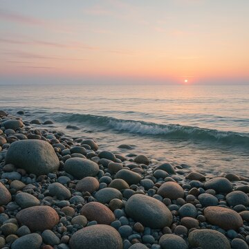 Sunset over Kasmu coast with pink clouds reflecting on calm Baltic sea scattered boulders and golden light serene panoramic travel inspiration