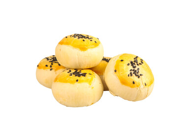 Handmade Chinese Egg Yolk Pastries with Black Sesame Seeds on White Background