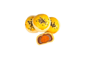 Golden Chinese Mooncakes with Egg Yolk Filling and Black Sesame Seeds - Traditional Handmade Asian Pastry Dessert