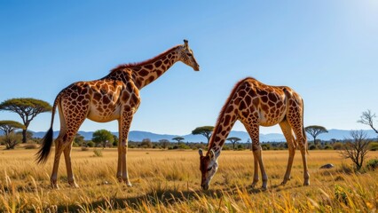 Two giraffe standing and grazing in golden savanna grassland, acacia tree and mountain in background, clear blue sky, peaceful wildlife scene