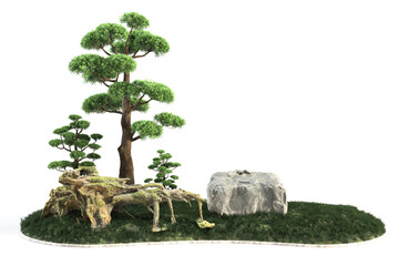 Detailed bonsai garden with trees rocks and grass.