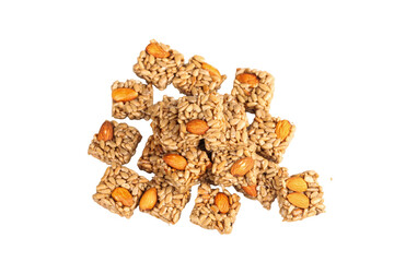 Handmade Granola Bars with Nuts and Seeds on White Background - Healthy Snack Food