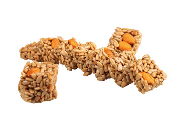 Handmade Crunchy Granola Bars with Nuts and Dried Fruit on White Background
