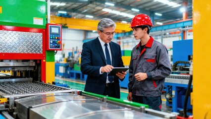 Businessman engineer factory tablet teamwork industrial machinery discussion safety collaboration manufacturing technology professional inspection