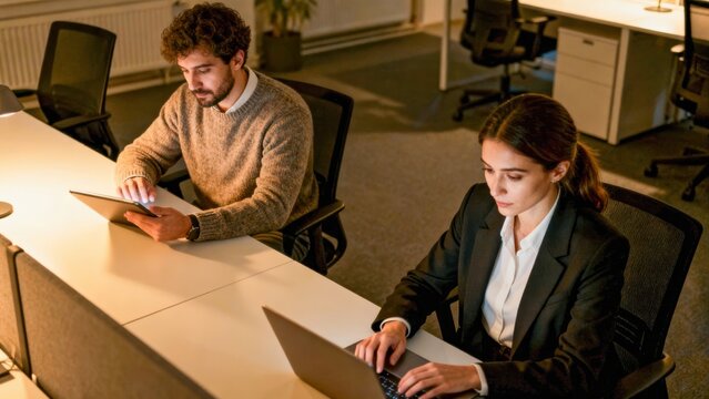 Businesswoman businessman office working laptop tablet teamwork professional modern workspace Focused businesswoman and businessman working late