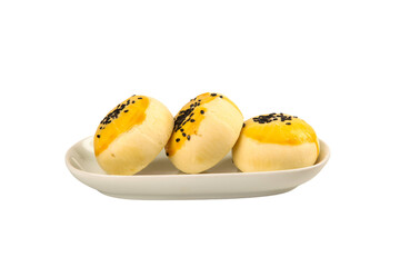 Handmade Golden Pastries with Black Sesame Seeds on White Plate - Food Photography