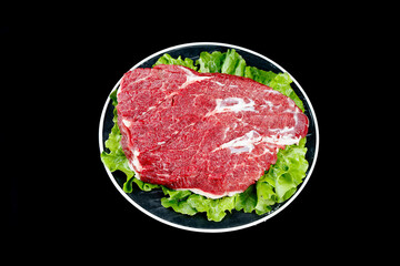 Fresh Raw Beef Steak Cuts on Plate with Lettuce Garnish - Premium Quality Meat