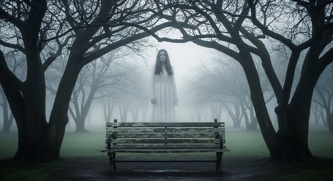 Ghostly woman stands behind a weathered bench in a misty park