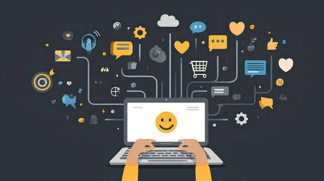 Seamless customer experience concept. Using laptop for providing personalized support throughout the customer journey from product discovery to purchase and engagement, featuring digital icons.