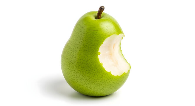 Green pear with a bite taken out isolated on white background studio shot
