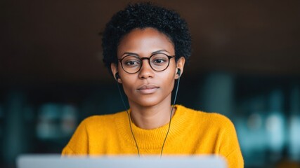 Confident young woman with short curly hair wearing glasses and yellow sweater, focused while working on laptop indoors