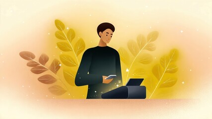 Young man using smartphone at cash register, modern digital payment concept, warm yellow background, cheerful atmosphere