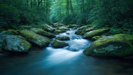 Serene mountain stream flows over mossy rocks in lush green forest, tranquil nature landscape, peaceful and refreshing scene