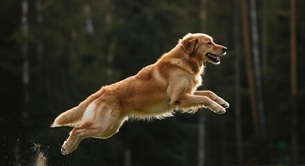 Golden retriever leaping in mid air outdoors against a blurred natural background