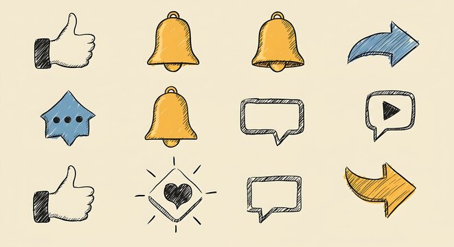 Set of hand drawn social media icons on a textured background