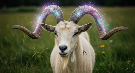 Majestic goat with illuminated horns in a natural outdoor setting