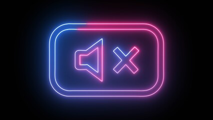 Glowing neon mute, no sound speaker icon animation on black background